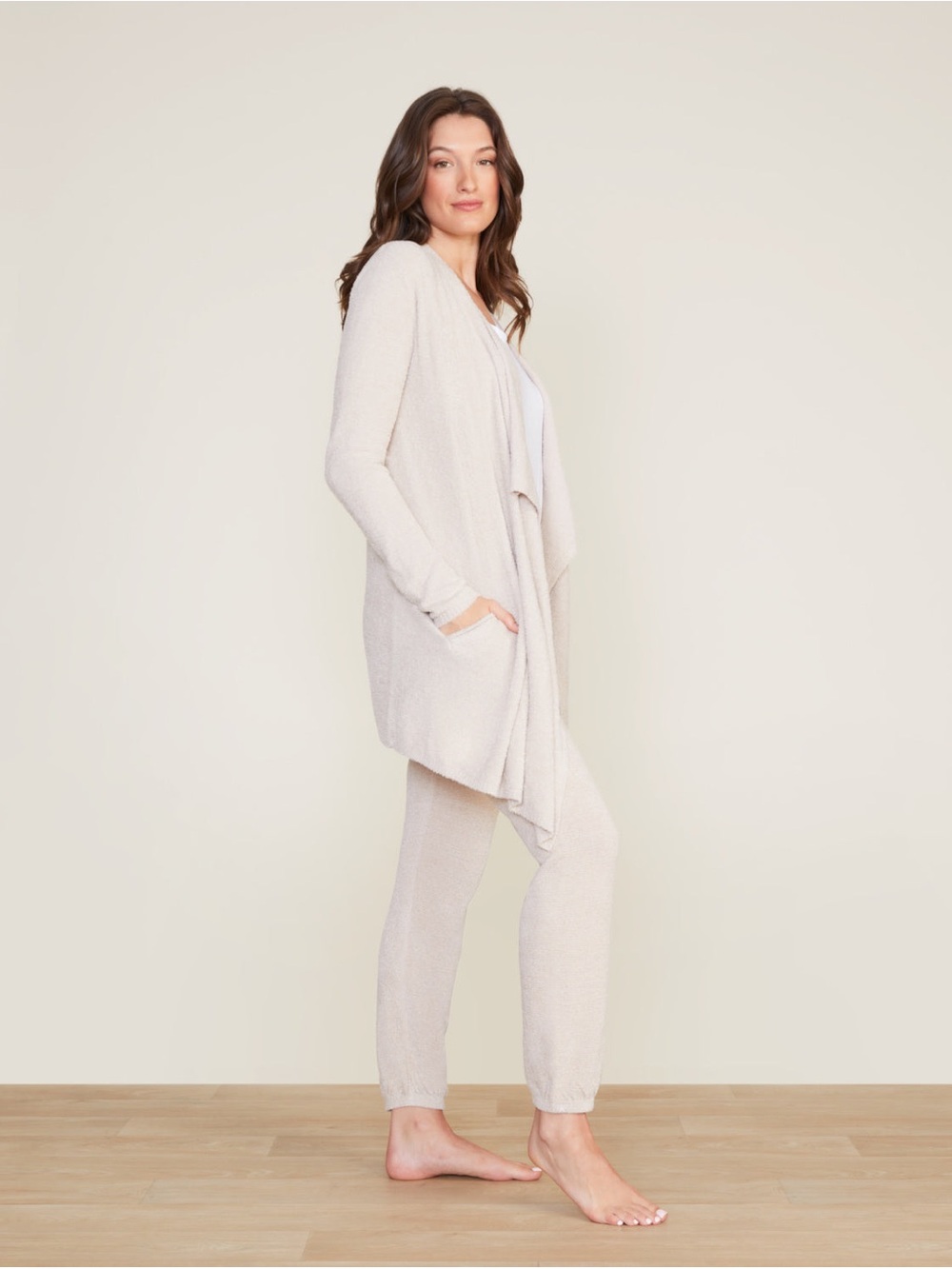Barefoot Dreams CozyChic Lite Island Wrap Drape Front Cardigan Stone - Picture 2 of 11